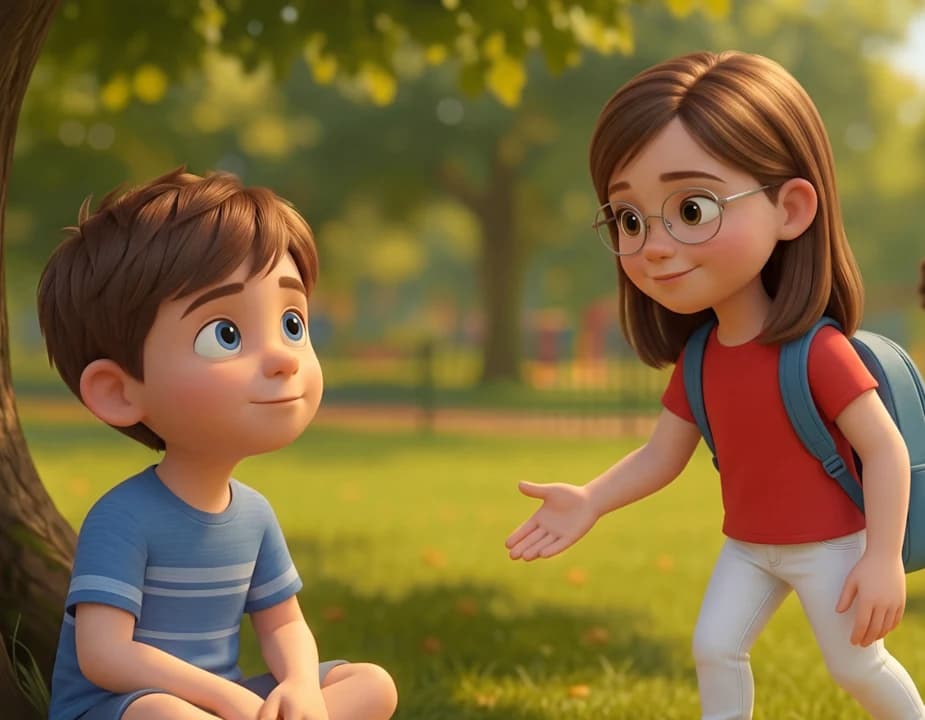 The example child reaches out a hand to a quiet boy in a blue striped shirt sitting under a tree in The Friendship Spark.