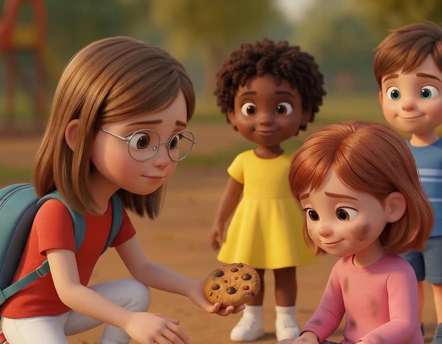 The example child kneels to hand a cookie to a girl with muddy knees who is starting to smile in The Friendship Spark.