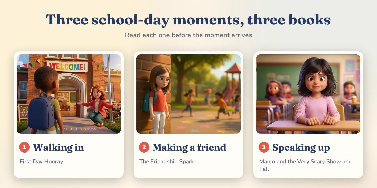 Three school-day moments and their books: walking in, First Day Hooray; making a friend, The Friendship Spark; speaking up, Marco and the Very Scary Show and Tell.