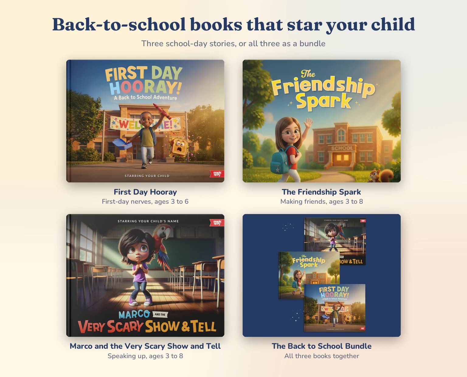 Book covers of First Day Hooray, The Friendship Spark and Marco and the Very Scary Show and Tell, and the three books stacked as the Back to School Bundle.